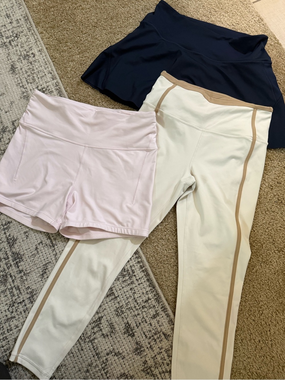 Athleta women navy tennis skirt, Light Pink biker Shorts + cream legging